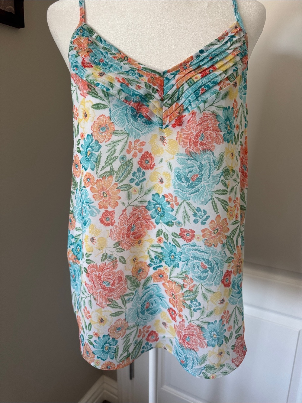 1. State Floral V-Neck Spaghetti Strap Camisole - White with Coral & Teal